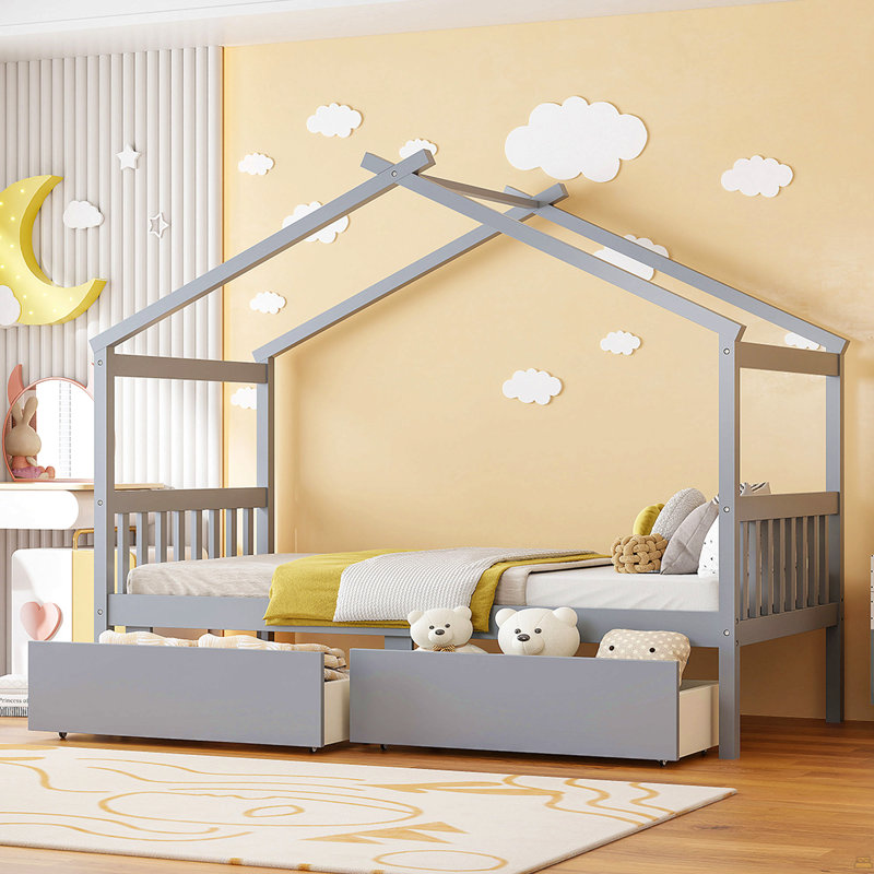 Lit simple en bois avec tiroirs, Gray, Lit simple
