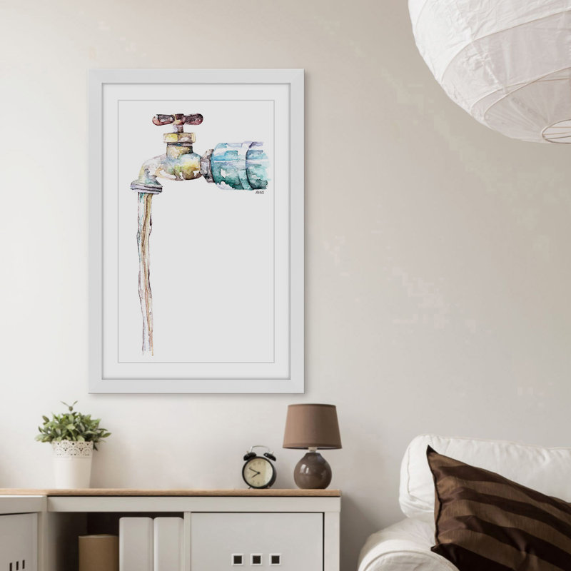 Garden Spigot Watercolor Print on Canvas with White Frame