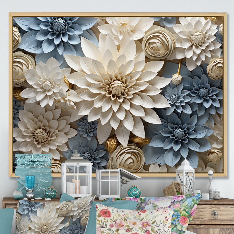 «Simplicity Mums Bloom» en beige et bleu pâle II - Mums, art mural, H 16 po x l 32 po x P 1 po, Cadre naturel flottant