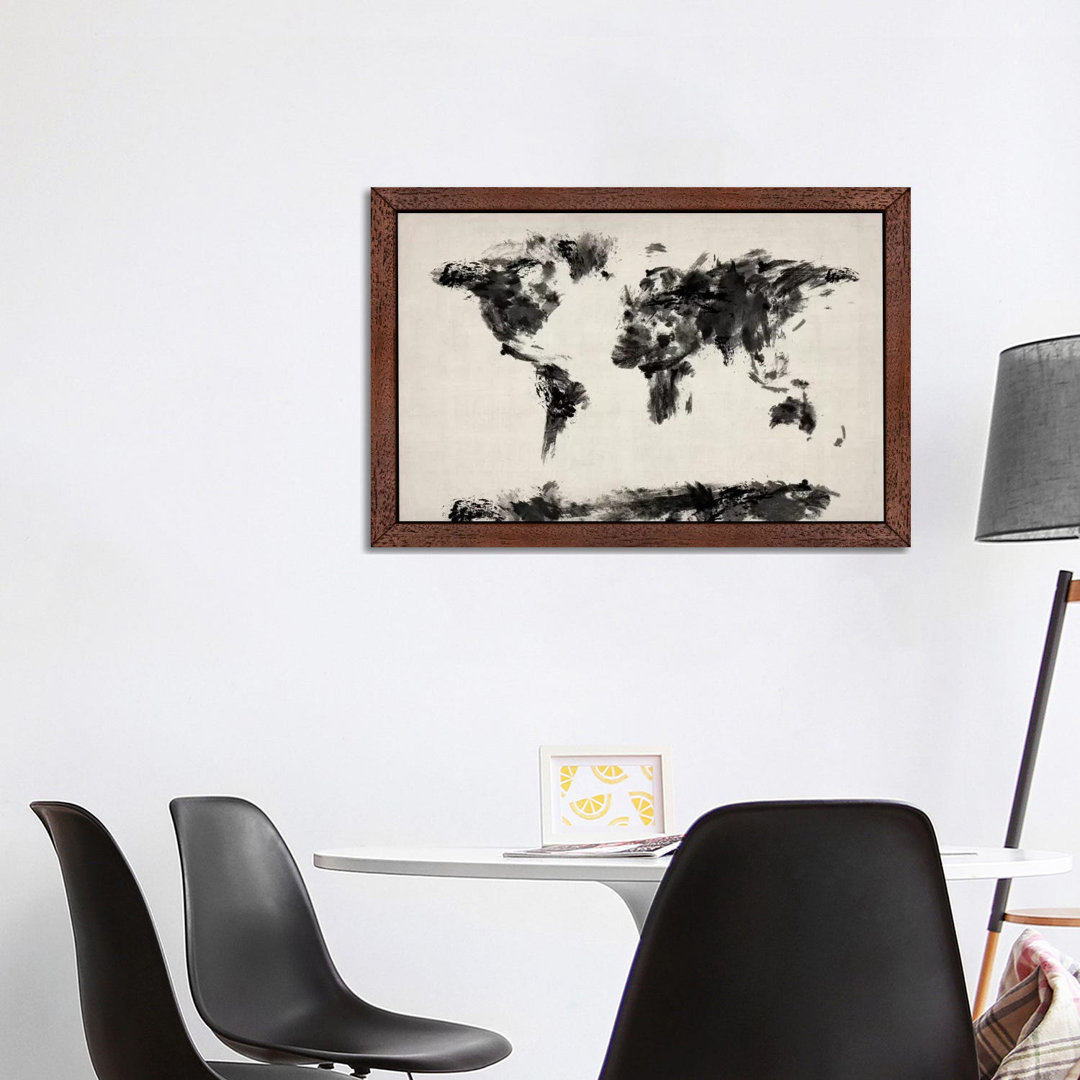 'Map of the World Paint Splashes Black' by Michael Tompsett - Floater Frame Graphic Art Print on Canvas