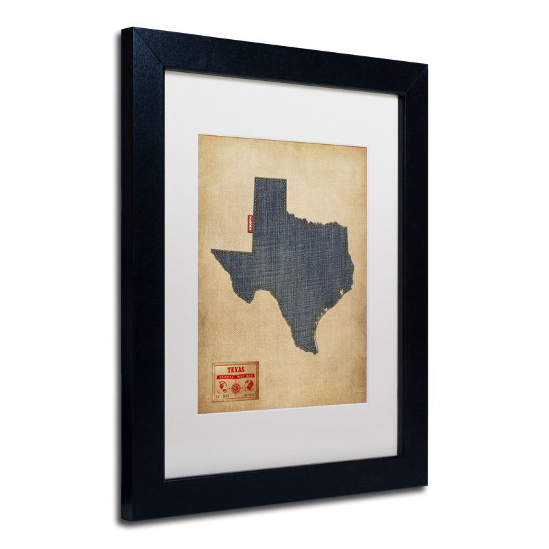« texas map denim jeans style » par michael tompsett, impression encadrée, H 14 po x l 11 po, Blanc