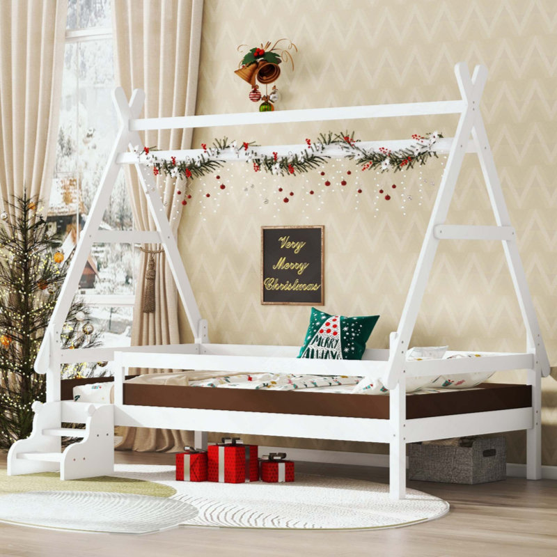 House Platform Bed With Stairs, Solid Wood Bed Frame, Low Profile And Childlike Fun Design, Twin, Light White