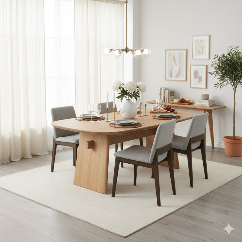 7-Piece Dining Table Set, Seats 6, 82.7" Superellipse Oak Table & 6 Tall-Back Grey Upholstered Dining Chairs