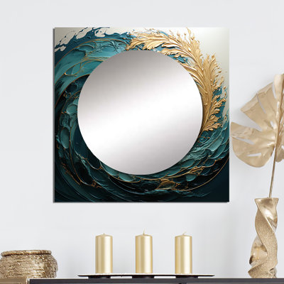 Gold Teal Ocean Spiral V - Abstract Spirals Large Square Mirror Wall Decor For Bedroom