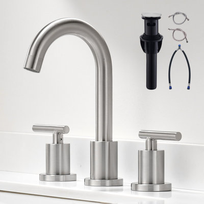 Robinets de salle de bain en cascade pour lavabo 3 trous | Robinet de salle de bain en nickel brossé avec bonde escamotable, robinet de meuble-lavabo à 2 poignées espacées de 8 pouces avec conduites d'alimentation