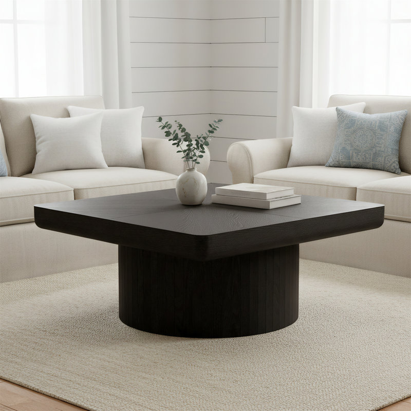 Table basse de salon 34,6 pouces avec conception lambrissée et base cylindrique, Black