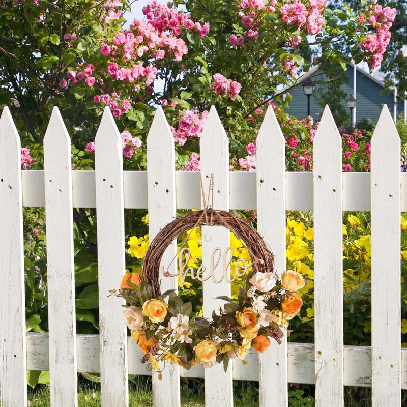 Couronne de soie artificielle rose, couronne de décoration de café pour porte murale de bureau extérieur