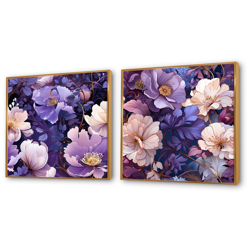 Fleurs mauves Wonderland - ensemble de 2 décorations murales florales, Cadre flottant doré, H 16 po x l 33 po x P 1 po
