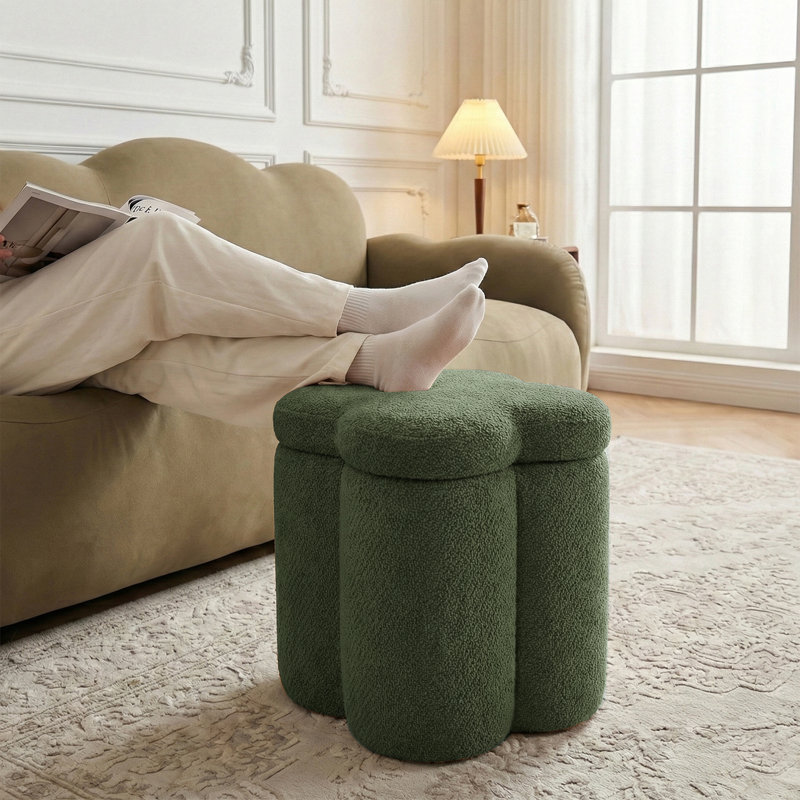 17" Upholstered Flower Ottoman with Storage, Green