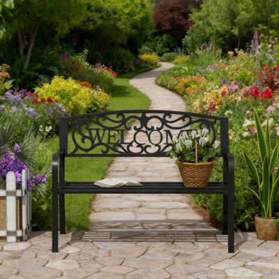 Outdoor Garden Bench Loveseat, With Cast Iron Decorative Welcome Vines