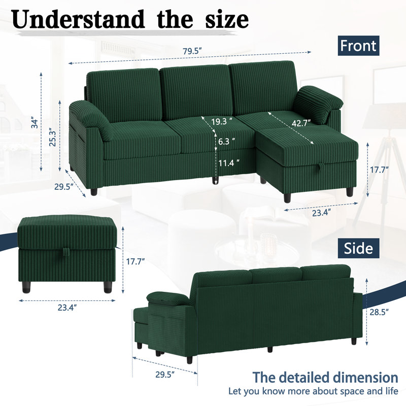 79" Upholstered L-Shaped Sofa with Ottoman , Green Corduroy