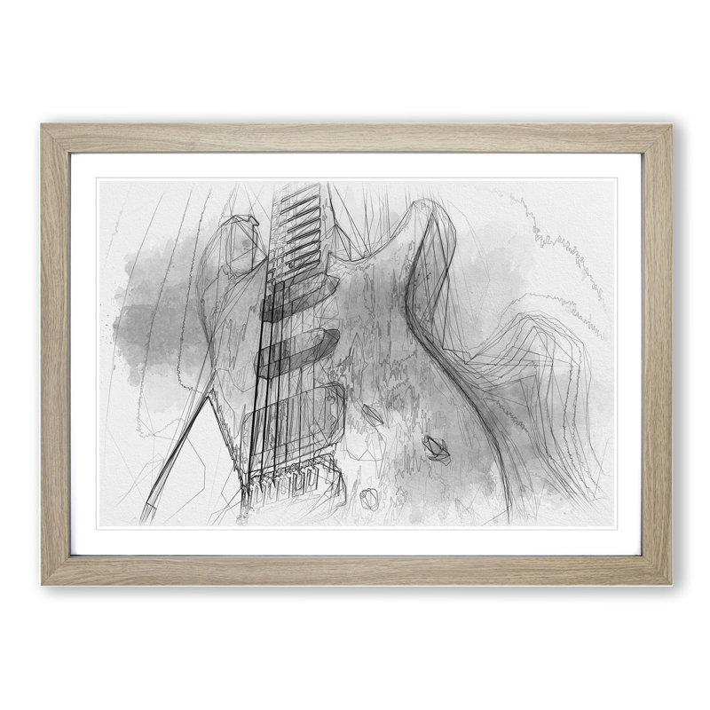 Electric Guitar Vol.2 Sketch - Picture Frame Graphic Art, 48cm H x 65cm W x 2cm D, Oak