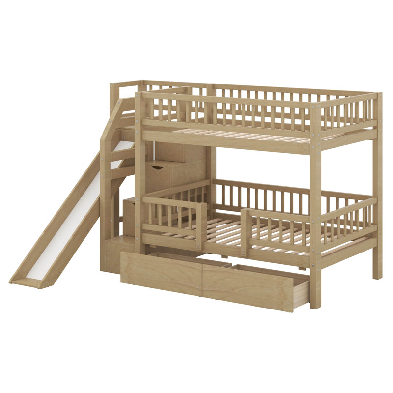 Twin Over Twin Bunk Bed With Storage Staircase, Solid Wood Bunk Bed Frame With Slide And 2 Drawers, Walnut
