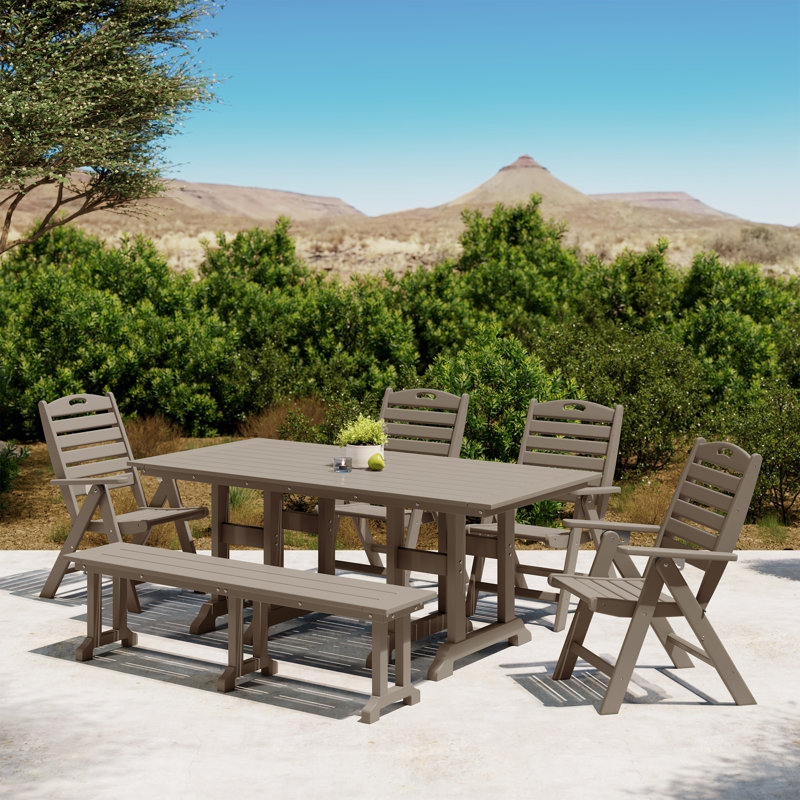 Laguna 6-Piece Dining Set With Bench, Weathered Wood