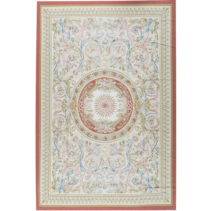 Tapis ivoire et rouge noué à la main de haute qualité