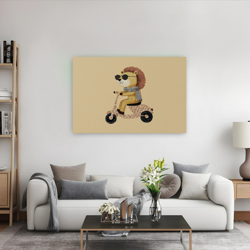 Cool Lion On Scooter Contemporary Wall Art Print 1 Piece Wrapped Canvas Wall Art, 101.6cm H x 152.4cm W
