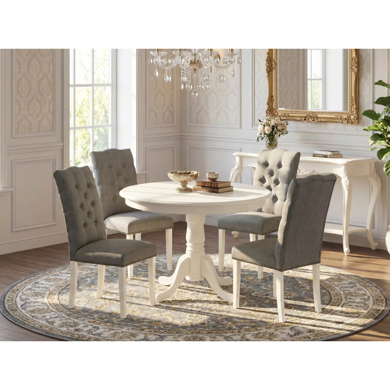 5 Piece Modern Dining Table Set Includes a Round Wooden Table with Pedestal and 4 Gray Linen Fabric Upholstered Parson Chairs, Linen White