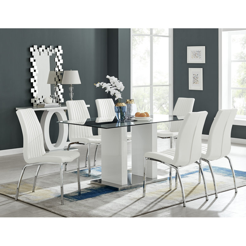 Ransart Modern Luxury Glass & Metal Dining Table Set With 6 Soft Touch Faux Leather Dining Chairs, White