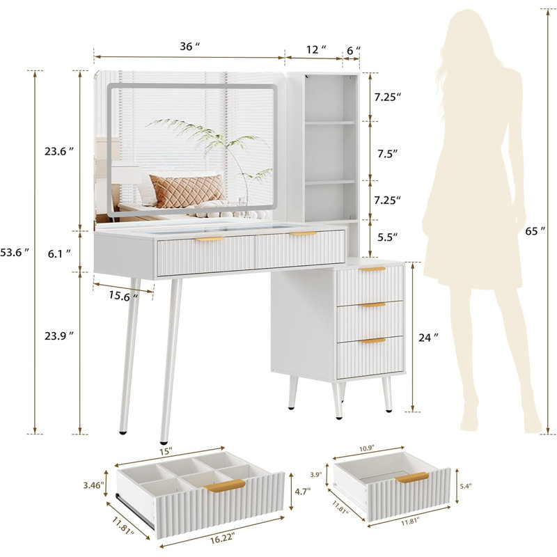 Bureau de coiffeuse 48 po avec miroir 3 lumières, plateau de coiffeuse en verre et prise de courant - coiffeuse moderne pour chambre à coucher