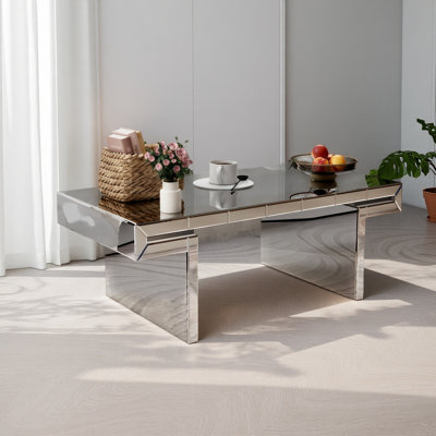Table basse à miroir rectangulaire de luxe 47 pouces avec verre trempé cannelé, table d'appoint moderne pour canapé, assemblage facile en 2 étapes, style luxueux léger, emballage renforcé