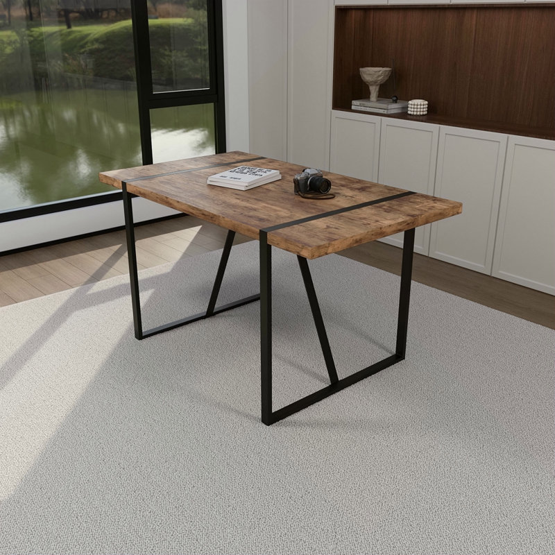 Table de salle à manger de 55 po en bois aggloméré rectangulaire industriel moderne en bois foncé, 4 à 6 personnes, plateau de table en bois d'ingénierie de 1,5 po d'épaisseur et pieds en métal rectangulaires, utilisé pour la maison et la cuisine