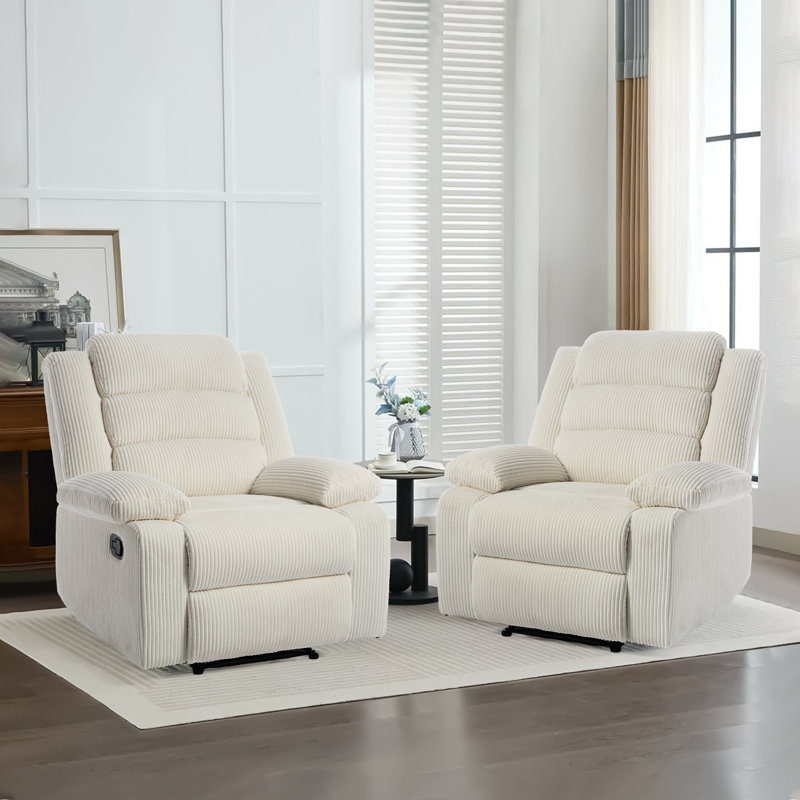 Ameiah Upholstered Beige Corduroy Manual Push Back Recliner Chair with Wingback, Beige