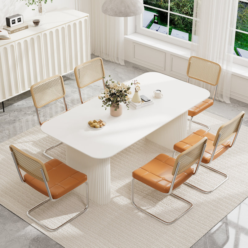 70.9"Pedestal Dining Table Set, Brown, 7, White