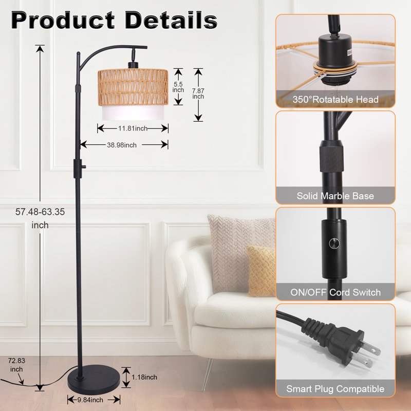 Lampadaire moderne arqué en rotin noir de 161 cm (63,35 po) pour salon, avec abat-jour double tambour en rotin et tissu (ampoule non incluse).