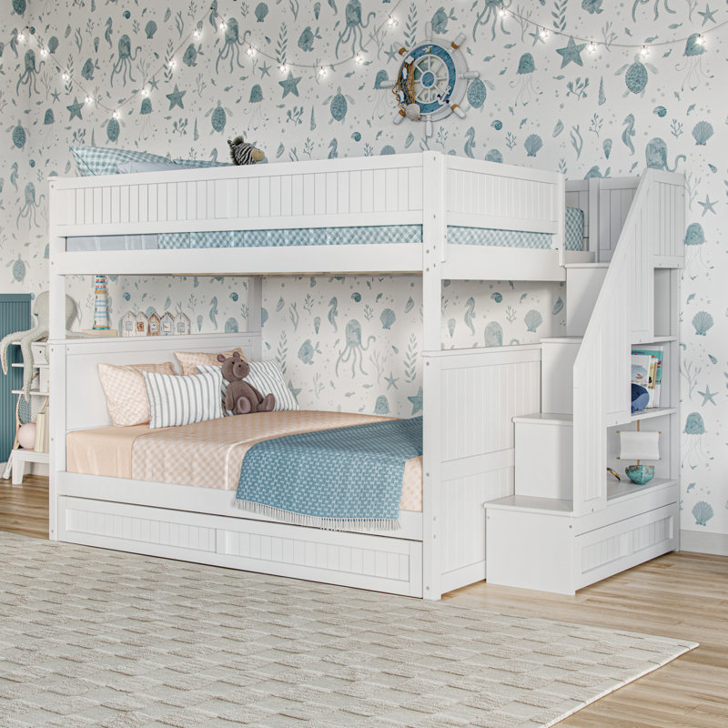 Keaire Staircase Bunk Bed with Storage Drawer and Twin Trundle, White, Full Over Full