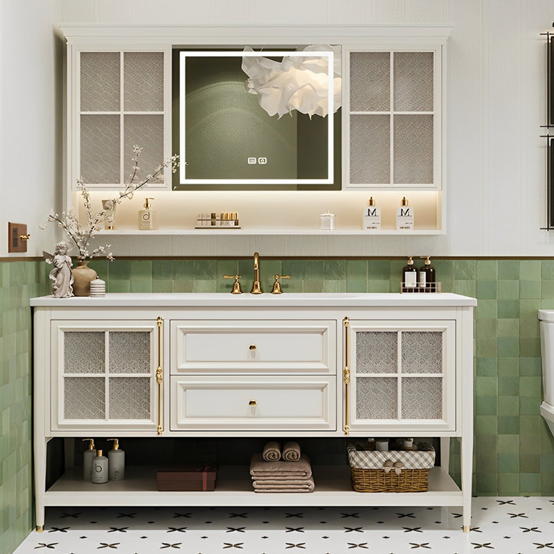 Armoire de salle de bain sur pied de style français, Blanc cassé, H 33,46 po x l 59,06 po x P 21,65 po