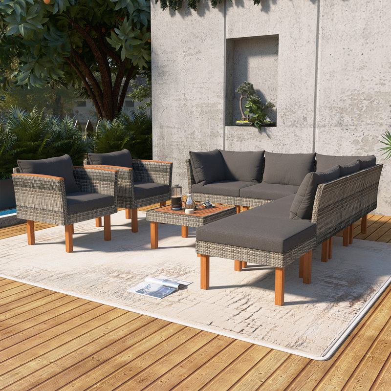 9-Piece Rattan Patio Conversation Set With Cushions, Gray