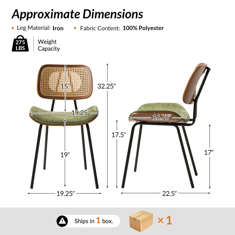 Pateley Mid-Century Modern Dining Chair with Rattan Backrest(Set of 2), Green