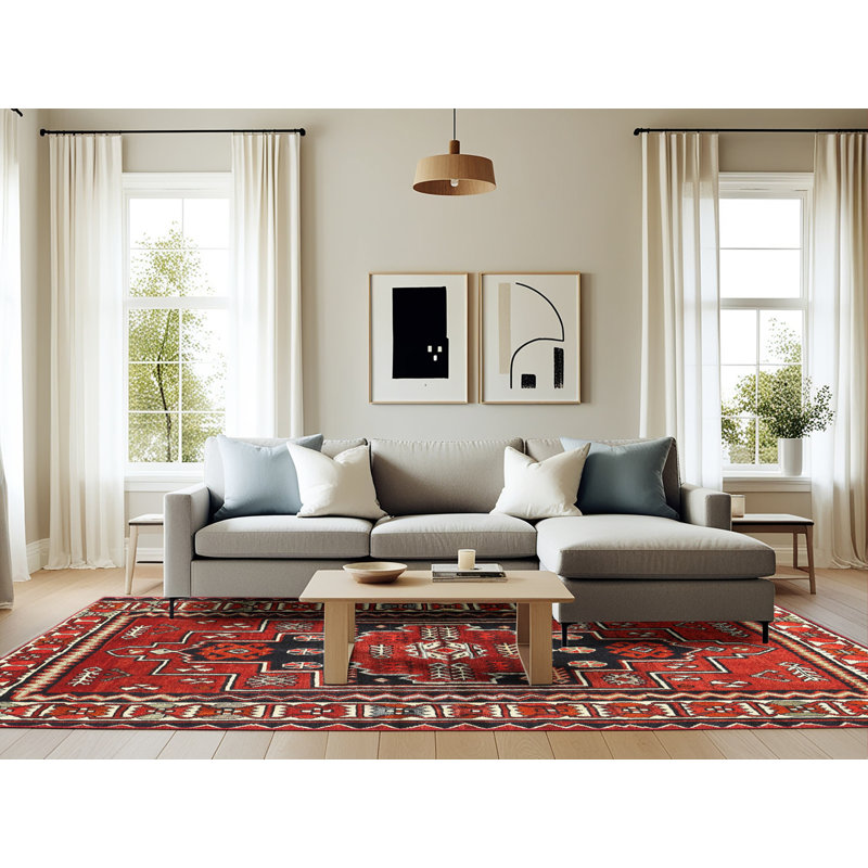 Tapis traditionnel noir / rouge / beige, Rectangle 6 pi x 9 pi