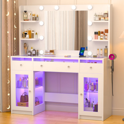 Vanity Desk With Lighting&power Outlet,makeup Vanity Desk W/led Mirror And Lights 3 Colors,transparent Glasstop W/3 Rgb Drawers,hair Dryer Hold,2 Large Tempered Cabinets