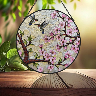 1PC Round Stained Glass  Window Hanging Suncatcher -Hummingbird Blossom with Metal Chain,  for Wall & Garden Decor, Unique Housewarming & Mother's Day Gift Idea & Indoor Outdoor Use