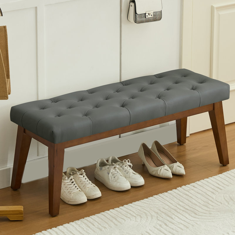 Banc rembourré en similicuir de 43,3 po avec pieds en bois massif, Gris foncé