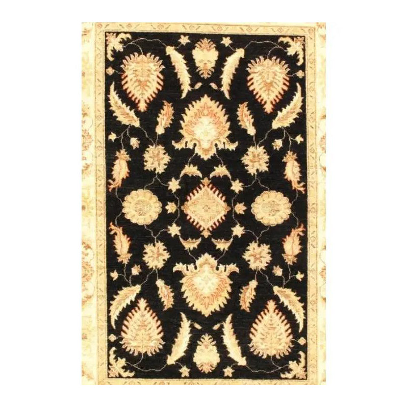 Tapis oriental ivoire / noir en coton et laine noué à la main 4 pi 2 po x 6 pi 1 po Alffi