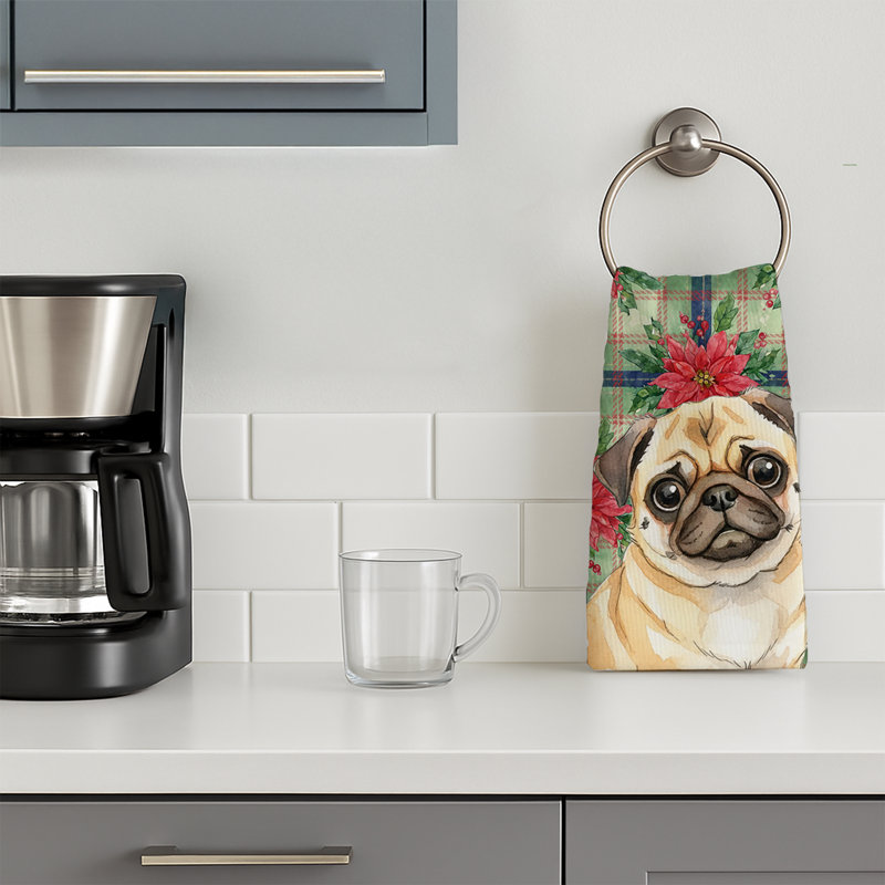 Fawn Pug Christmas PoinsettIas Kitchen Towel, Fawn Pug