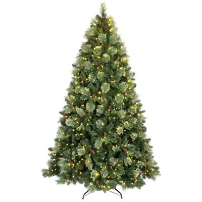 7ft Pre Lit Carolina Pine Artificial Christmas Tree with 500 Warm White Lights, Pine Cones, 1355 Mixed PE PVC Branch Tips and Foldable Metal Stand