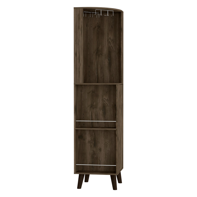 Armoire de coin, support à tasses, deux tablettes extérieures, un tiroir, quatre pieds - brun foncé