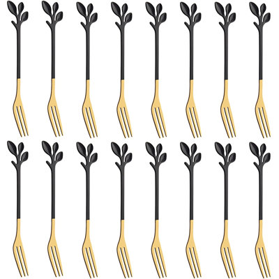16 petites fourchettes à hors-d'œuvre de 4,7 pouces avec poignée à feuilles 16 pièces (noir et or)