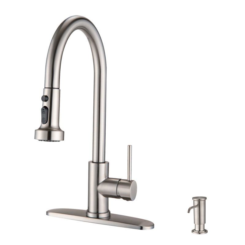 Robinet de cuisine rétractable en acier inoxydable avec distributeur de savon en nickel brossé