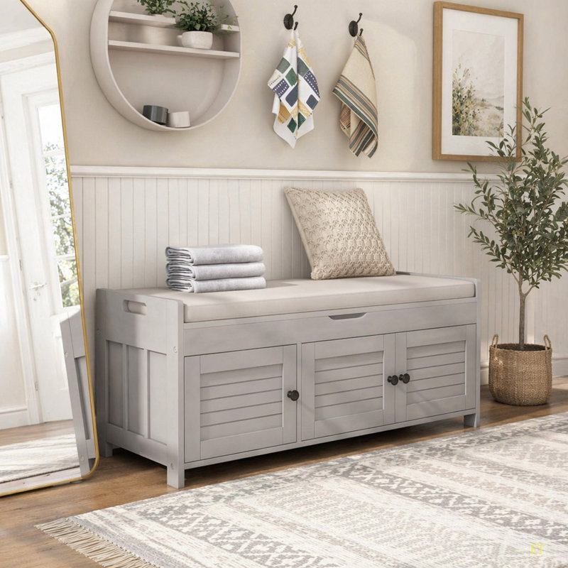 Storage Bench With 3 Shutter-Shaped Doors, Shoe Bench With Removable Cushion And Hidden Storage Space, White