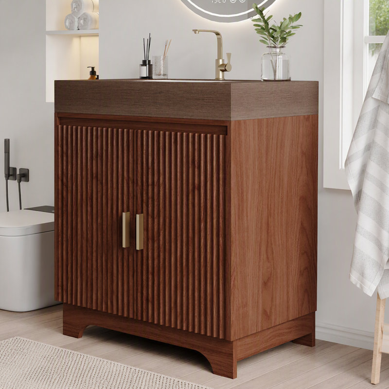 Meuble-lavabo de comptoir en pierre aggloméré 30 po avec lavabo en céramique, Walnut