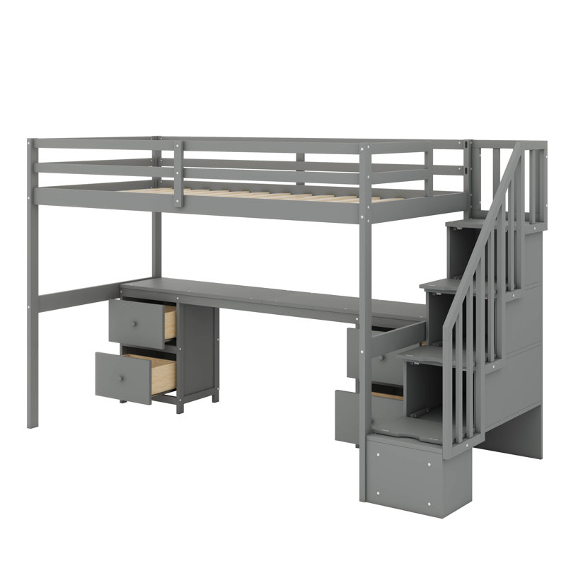 Structure de lit mezzanine simple avec bureau intégré et tiroirs doubles, Grey