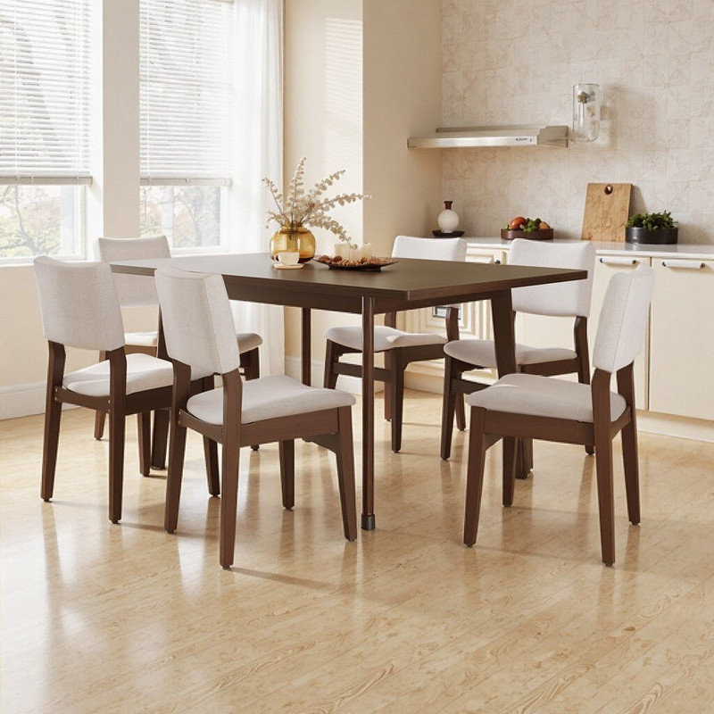 7-Piece Dining Table Set With Stackable Chairs Solid Wood Legs & MDF Tabletop, 7 Pieces: Table, 6 Chairs, Dark Walnut