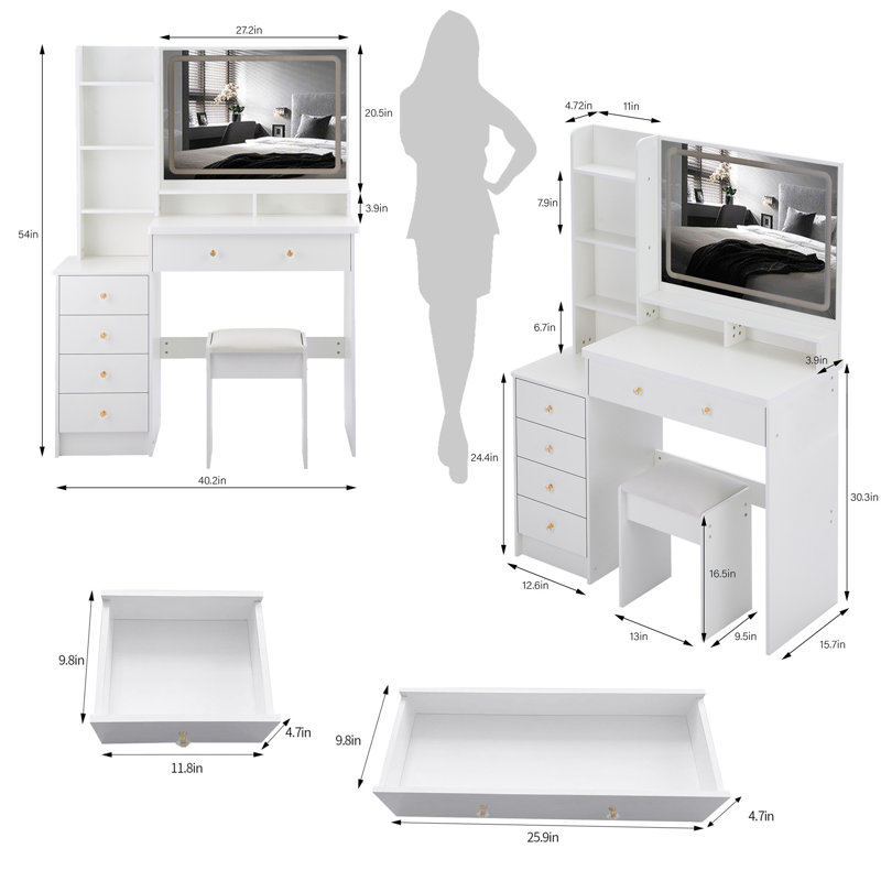 41" Large Size Left Bedside Cabinet Vanity Table+Cushioned Stool, Extra Large Touch Control LED Mirror, 3-Colour Switch, Multi Layer High Capacity Storage Fashionable Dresser, Suitable For Large Space