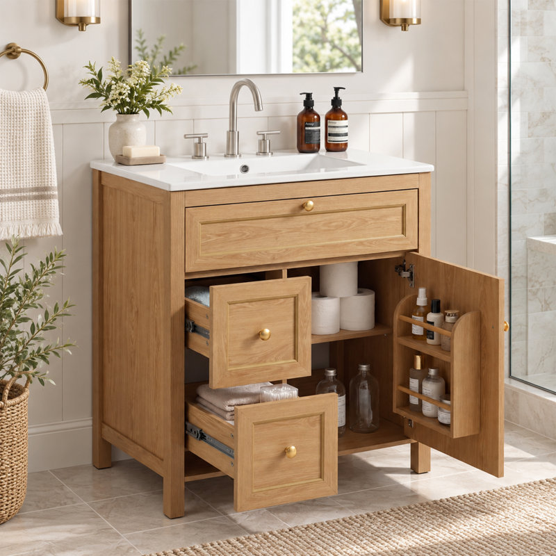 Meuble-lavabo autoportant de 30 po avec lavabo, armoire en bois à fermeture douce, poignées décoratives dorées