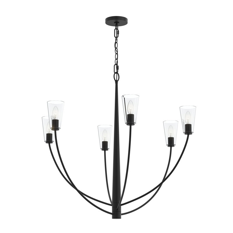 Lustre linéaire à cinq lumières avec abat-jour en verre Mack, Noir mat