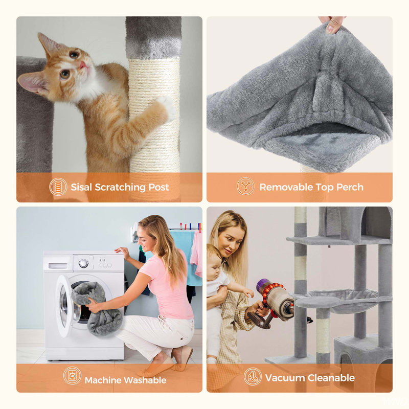 69" Gray Plush Cat Tree Tower with Hammock and Condo